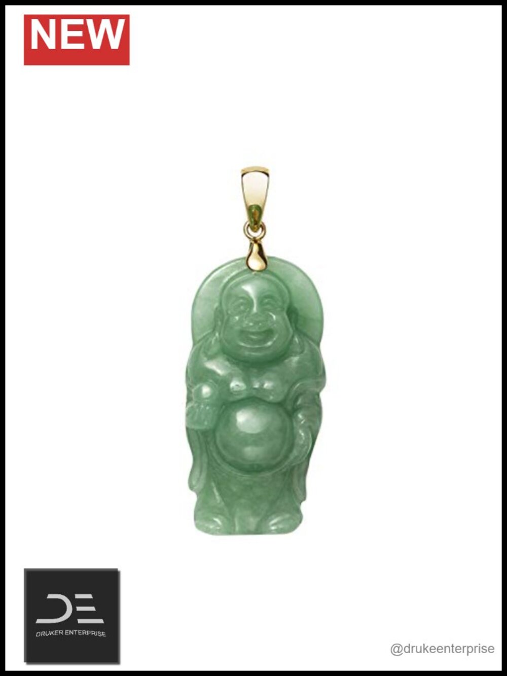 Hand Carved Natural Jade Laughing Buddha Pendant with 14K Yellow Gold Bail